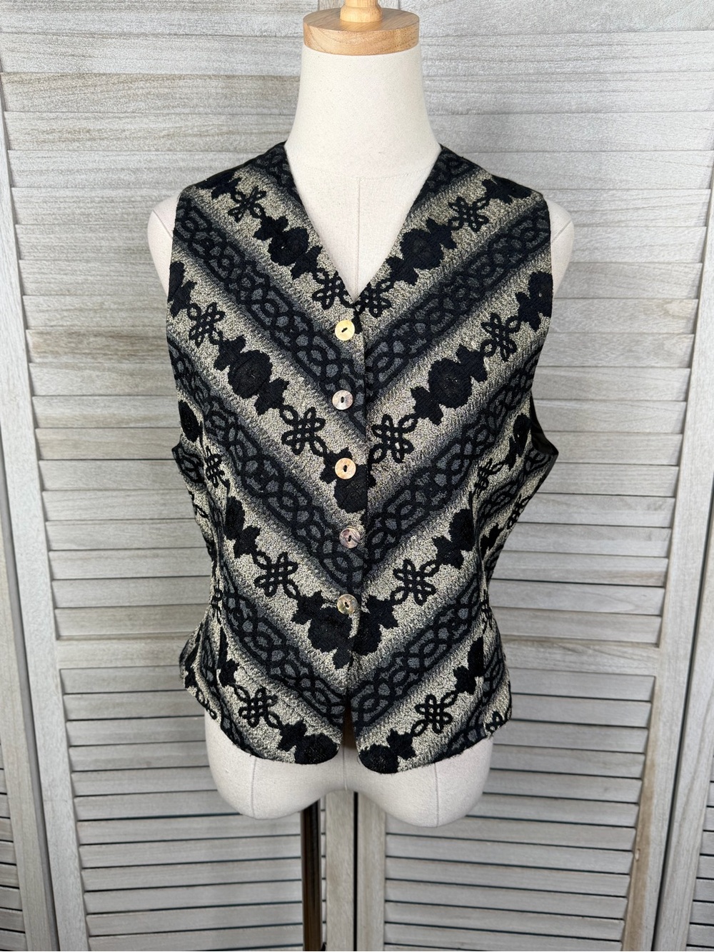 VERTIGO PARIS Vintage 90's Jacquard Vest w Satin Back Black, Gray, Beige-Large